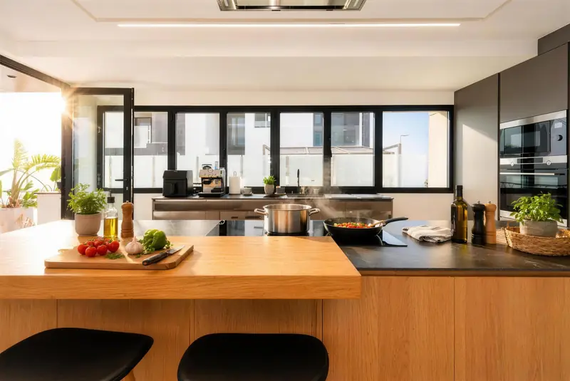 Cocina con isla de madera, placa de inducción, horno y microondas integrados
