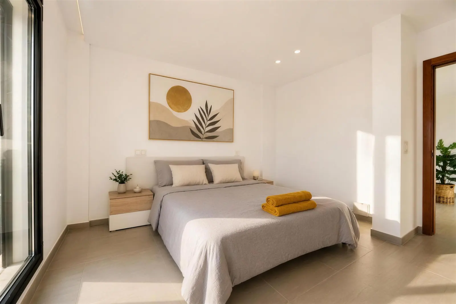 Helles zweites Schlafzimmer mit Doppelbett, hellem Kopfteil und Sonnenbild